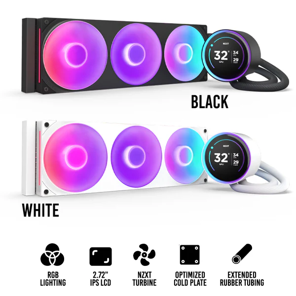 NZXT Kraken Elite RGB 360mm White AIO Liquid Cooler with 2.72-Inch IPS LCD Display and F360 RGB Core Fan - RL-KR36E-W2