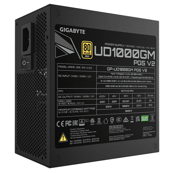GIGABYTE UD1000GM PG5 V2 1000W PSU | 80 PLUS Gold | ATX 3.1 | PCIe Gen 5.1 | Fully Modular | Japanese Capacitors - GP-UD1000GM-PG5-V2