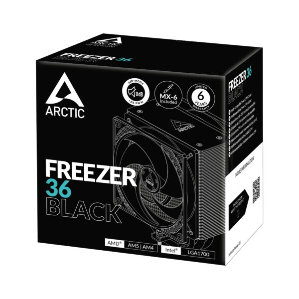 Arctic Freezer 36 Black Tower CPU Cooler LGA1851 LGA1700 AM5 AM4 with MX-6 Thermal Paste - ACFRE00123A