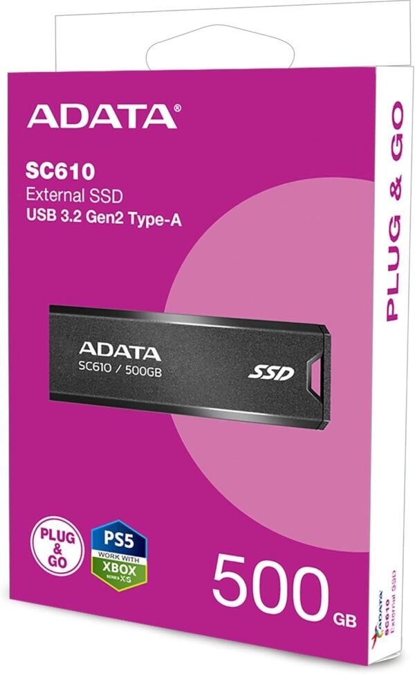 ADATA SC610 500GB External SSD USB 3.2 Gen2 550MB/s Read 500MB/s Write - AD-SC610-500G-CBK/RD
