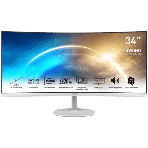 MSI PRO MP341CQ/W 34 Inch 1500R Curved VA Monitor UWQHD 3440x1440 100Hz 1ms HDR Ready Anti-Flicker - PRO MP341CQ/W