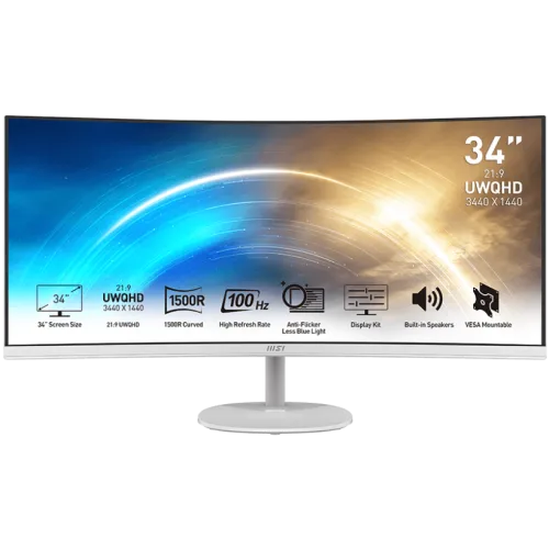 MSI PRO MP341CQ/W 34 Inch 1500R Curved VA Monitor UWQHD 3440x1440 100Hz 1ms HDR Ready Anti-Flicker - PRO MP341CQ/W