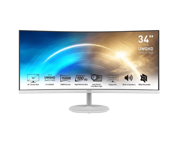 MSI PRO MP341CQ/W 34 Inch 1500R Curved VA Monitor UWQHD 3440x1440 100Hz 1ms HDR Ready Anti-Flicker - PRO MP341CQ/W