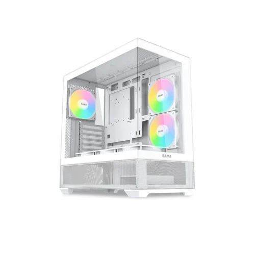 SAMA V40 270-Degree Dual Glass Mid-Tower with 6 ARGB Reverse Fans White - V40-WHADA6X1-GL