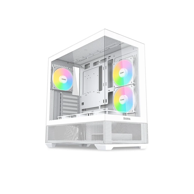 SAMA V40 270-Degree Dual Glass Mid-Tower with 6 ARGB Reverse Fans White – V40-WHADA6X1-GL