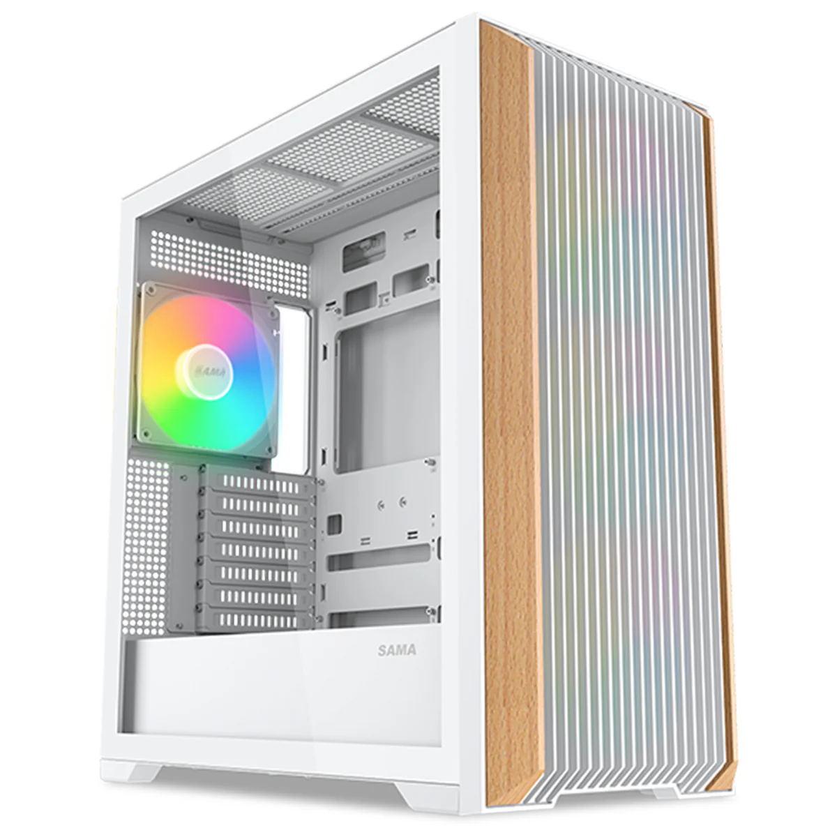 SAMA Z60 Walnut Wood Wide-Body Mid-Tower with 4 ARGB 140 mm Fans White – Z60-WHAWA4X1-GL