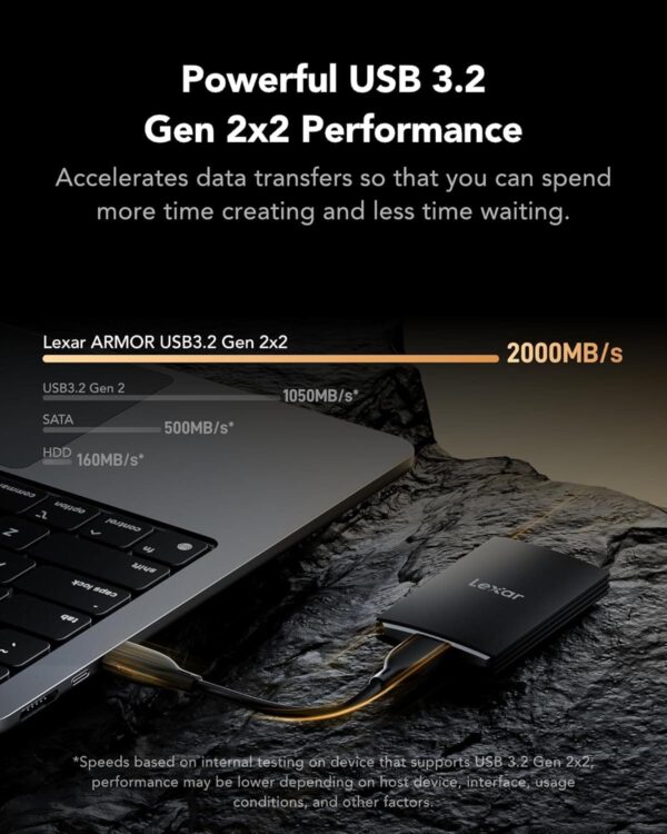 Lexar ARMOR 700 2TB Portable SSD USB 3.2 Gen 2x2 2000MB/s Read Write IP66 Rugged 3m Drop Resistant - LAR700X002T-RNBNG