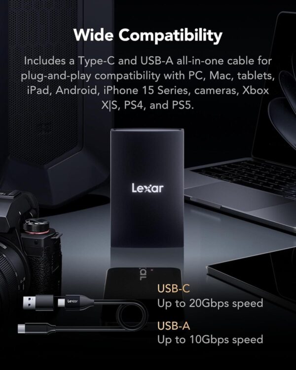 Lexar ARMOR 700 2TB Portable SSD USB 3.2 Gen 2x2 2000MB/s Read Write IP66 Rugged 3m Drop Resistant - LAR700X002T-RNBNG