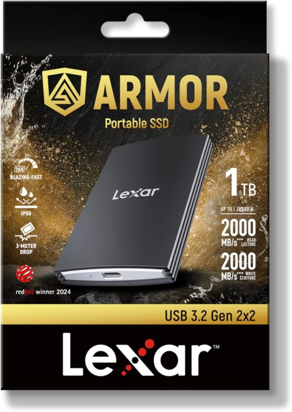 Lexar ARMOR 700 1TB Portable SSD USB 3.2 Gen 2x2 2000MB/s Read Write IP66 Rugged 3m Drop Resistant - LAR700X001T-RNBNG