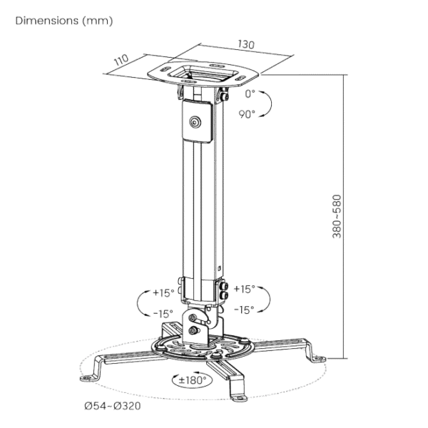 Brateck PRB-18S Universal Ceiling Projector Mount up to 13.5kg Height Adjustable White - Brateck-PRB-18S White