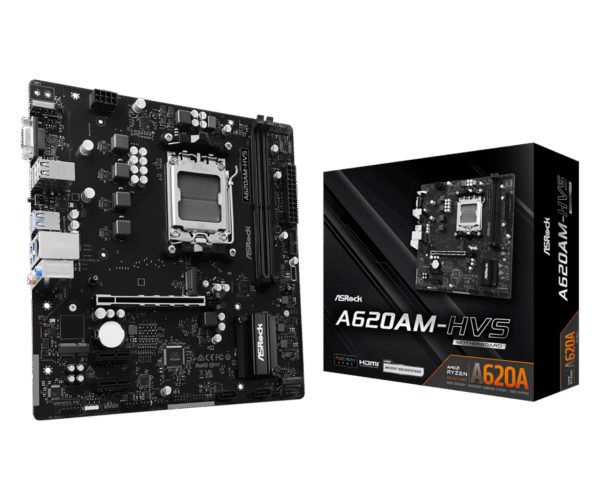 A620AM-HVS(L1) ASRock A620AM-HVS Micro ATX AM5 motherboard with DDR5, PCIe 4.0, RGB Sync, and Dr.MOS Power Design for AMD Ryzen 9000/8000/7000 processors