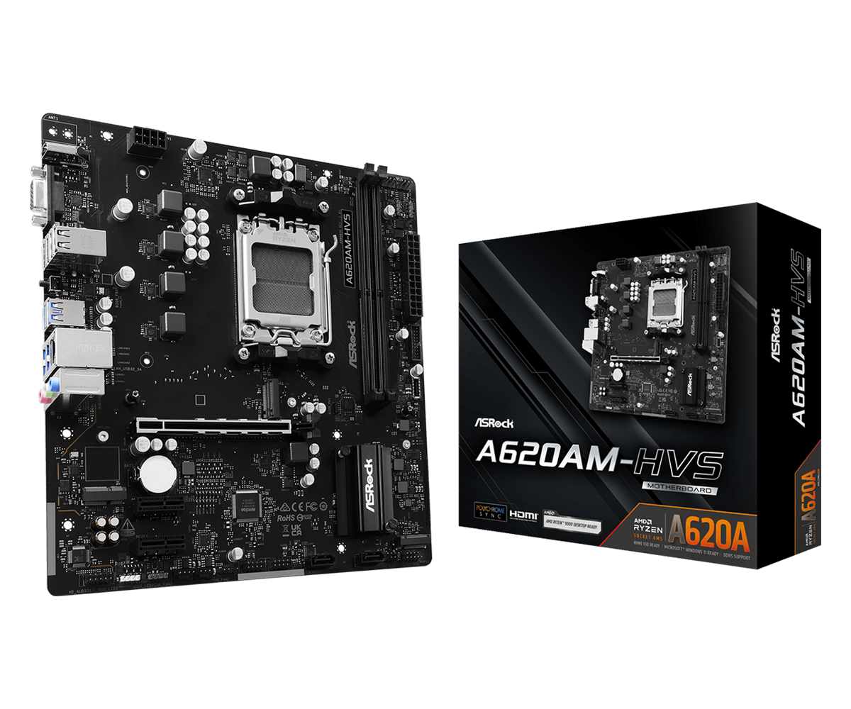 ASRock A620AM-HVS Micro ATX AM5 motherboard with DDR5, PCIe 4.0, RGB Sync, and Dr.MOS Power Design f...
