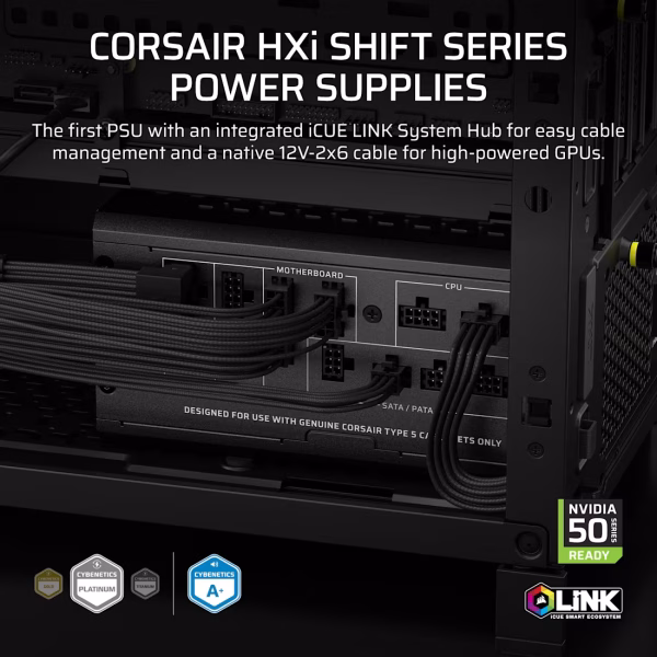 Corsair iCUE LINK HX1000i SHIFT 1000W ATX 3.1 Fully Modular PSU, Cybenetics Platinum, Side-Mounted SHIFT Connectors, Native 12V-2x6 - CP-9020265-NA