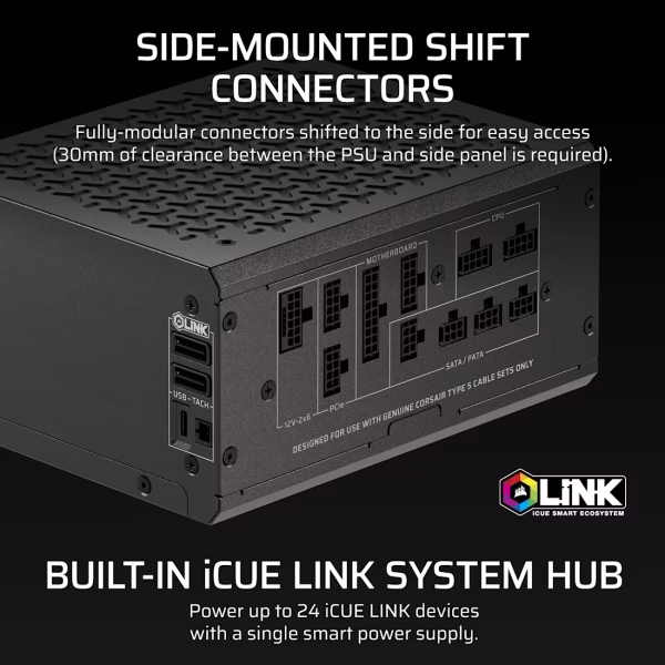 Corsair iCUE LINK HX1000i SHIFT 1000W ATX 3.1 Fully Modular PSU, Cybenetics Platinum, Side-Mounted SHIFT Connectors, Native 12V-2x6 - CP-9020265-NA