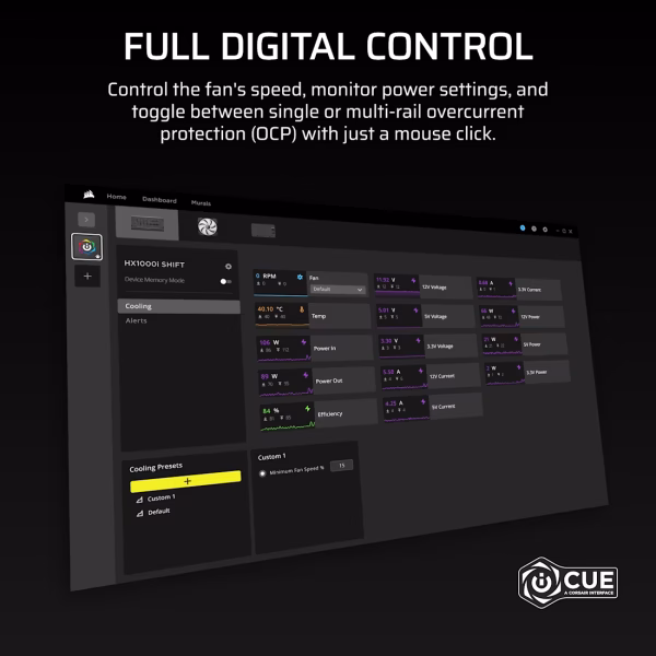 Corsair iCUE LINK HX1000i SHIFT 1000W ATX 3.1 Fully Modular PSU, Cybenetics Platinum, Side-Mounted SHIFT Connectors, Native 12V-2x6 - CP-9020265-NA