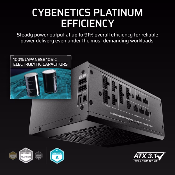 Corsair HX1500i SHIFT 1500W ATX 3.1 Fully Modular PSU, Cybenetics Platinum, Digital DSP, Dual Native 12V-2x6, iCUE LINK Hub, Side SHIFT Connectors - CP-9020269-NA