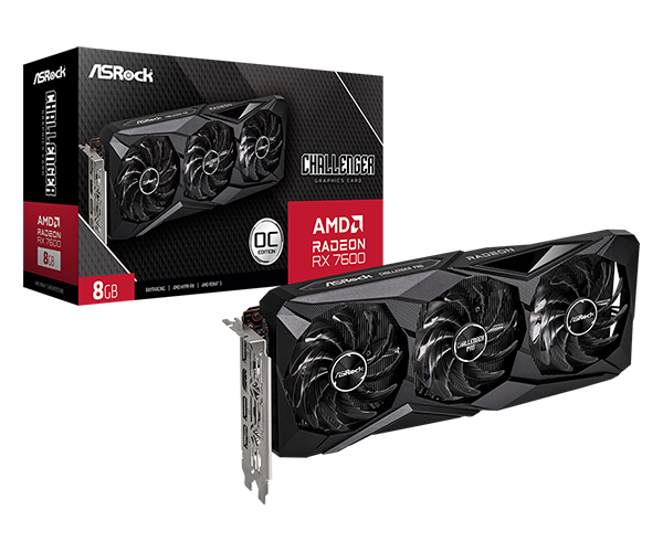 ASRock Radeon RX 7600 Challenger Pro 8GB OC, Triple-Fan, 18Gbps GDDR6, PCIe 4.0 x8 – RX7600 CLP 8GO