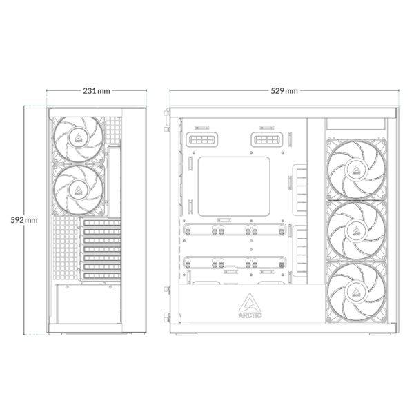 Xtender_Dimensions ARCTIC Xtender VG Mirror Black E-ATX Panorama Case Vertical GPU Mount PCIe 4.0 Riser Mirror Tinted Glass Dual 420mm Radiator 5x A-RGB Fans - ACPCC00019A