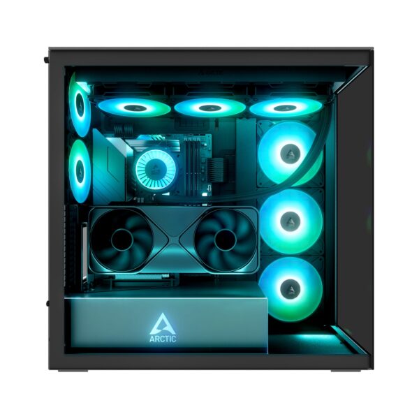 Xtender_VG_Black_Mirror_lit_g00 ARCTIC Xtender VG Mirror Black E-ATX Panorama Case Vertical GPU Mount PCIe 4.0 Riser Mirror Tinted Glass Dual 420mm Radiator 5x A-RGB Fans - ACPCC00019A