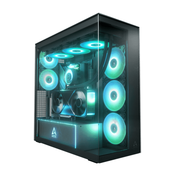 Xtender_VG_Black_Mirror_lit_g01 ARCTIC Xtender VG Mirror Black E-ATX Panorama Case Vertical GPU Mount PCIe 4.0 Riser Mirror Tinted Glass Dual 420mm Radiator 5x A-RGB Fans - ACPCC00019A