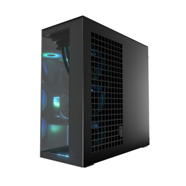 Xtender_VG_Black_mirror_lit_g03 ARCTIC Xtender VG Mirror Black E-ATX Panorama Case Vertical GPU Mount PCIe 4.0 Riser Mirror Tinted Glass Dual 420mm Radiator 5x A-RGB Fans - ACPCC00019A