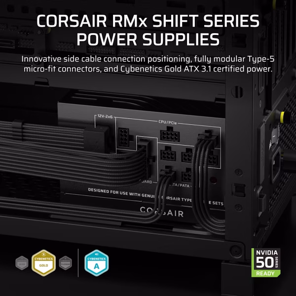 Corsair RM1000x SHIFT 1000W ATX 3.1 Fully Modular PSU, Cybenetics Gold, SHIFT Side Connectors, Native 12V-2x6, Fan Speed Control Knob - CP-9020300-NA