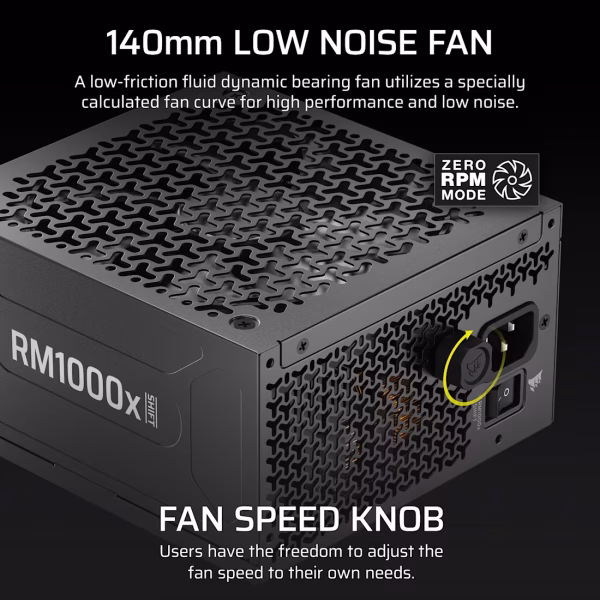 Corsair RM1000x SHIFT 1000W ATX 3.1 Fully Modular PSU, Cybenetics Gold, SHIFT Side Connectors, Native 12V-2x6, Fan Speed Control Knob - CP-9020300-NA