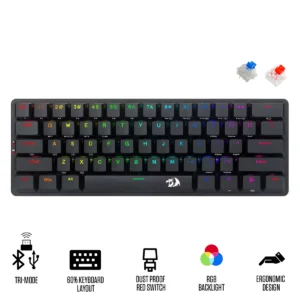Redragon Elise Pro 60% Low Profile Tri-Mode Wireless Mechanical Keyboard Blue Switch RGB - Redragon ELISE PRO RD K615P-KBS