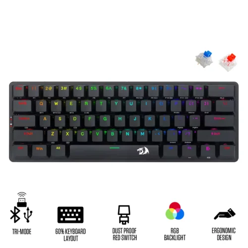 Redragon Elise Pro 60% Low Profile Tri-Mode Wireless Mechanical Keyboard Blue Switch RGB - Redragon ELISE PRO RD K615P-KBS