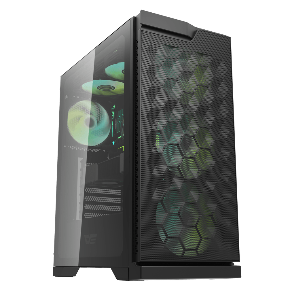 Darkflash DK361 Black ATX Mid-Tower Case Hexagon Mesh High Airflow Tempered Glass with 4 ARGB fans i...