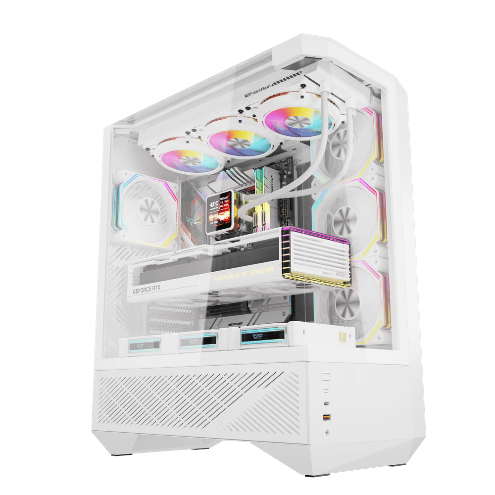 Darkflash DY460 White ATX Mid-Tower Panoramic Three-Sided Tempered Glass Dual-Chamber Back-Connect C...