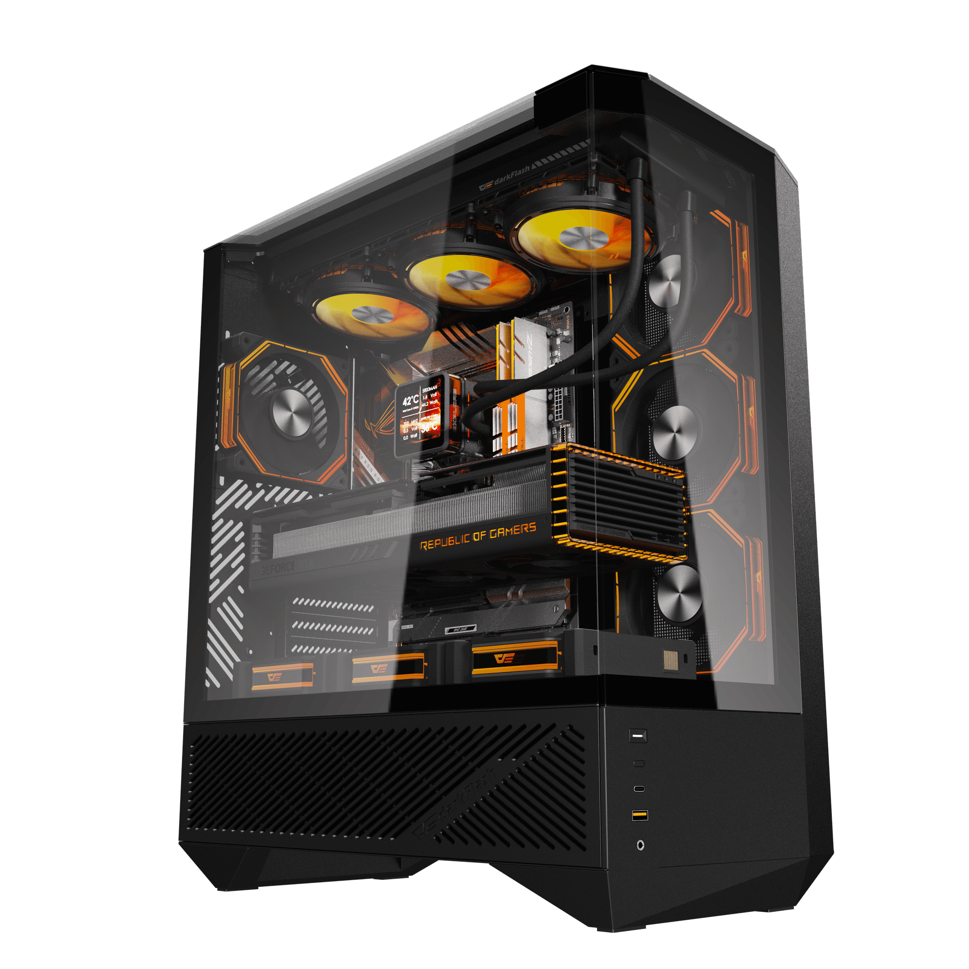 Darkflash DY460 Black ATX Mid-Tower Panoramic Three-Sided Tempered Glass Dual-Chamber Back-Connect C...