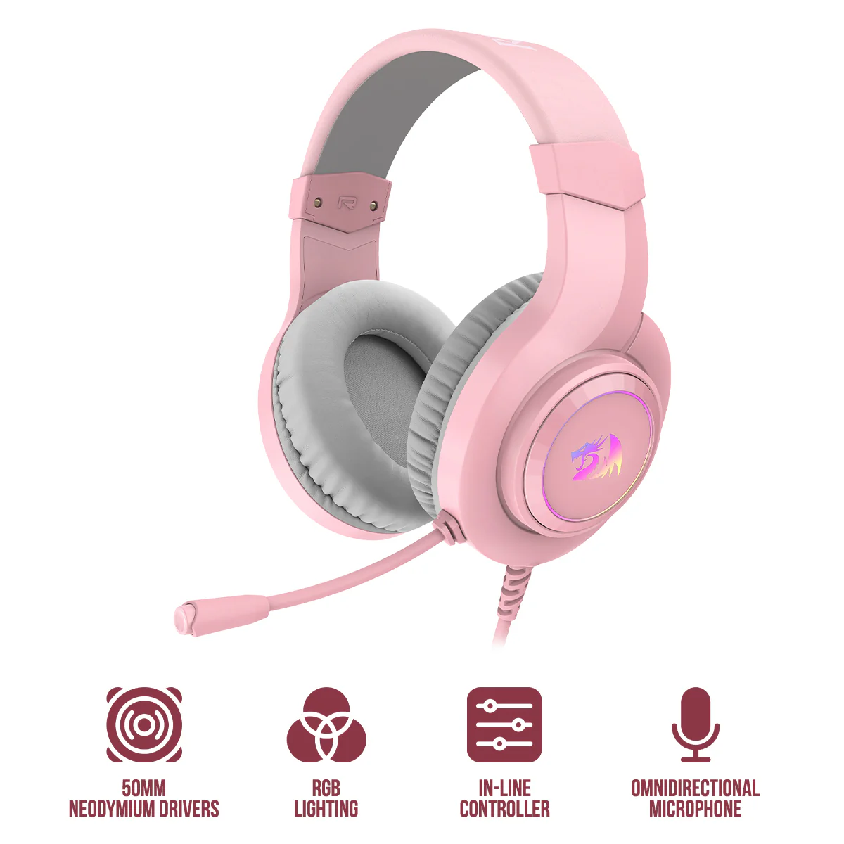Redragon Hylas Pink Virtual 7.1 Surround Sound USB Gaming Headset RGB 50mm Drivers – Redragon ...