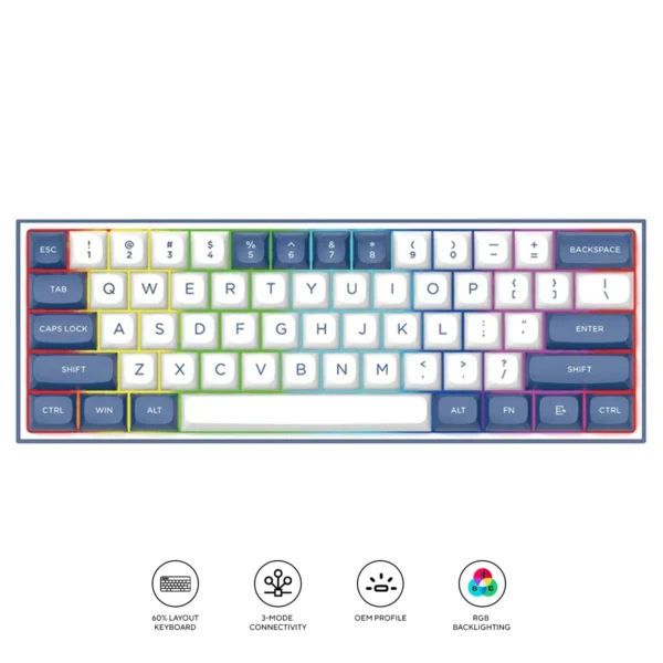 Redragon Alcor White Blue 60% Tri-Mode Mechanical Keyboard QMK/VIA Gasket Mount - Redragon ALCOR RD K717 WHITE BLUE