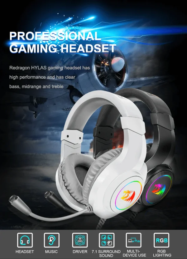 Redragon Hylas White RGB Wired Gaming Headset 50mm Drivers Multi-Platform - Redragon HYLAS RD H260W