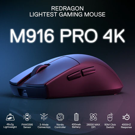 Redragon King 4K Pro E-Sport Gaming Mouse 4000Hz 26000 DPI Tri-Mode - Redragon KING 4K PRO RD M916-PRO-4K