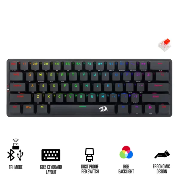 Redragon Elise Pro 60% Low Profile Tri-Mode Wireless Mechanical Keyboard Blue Switch RGB - Redragon ELISE PRO RD K615P-KBS