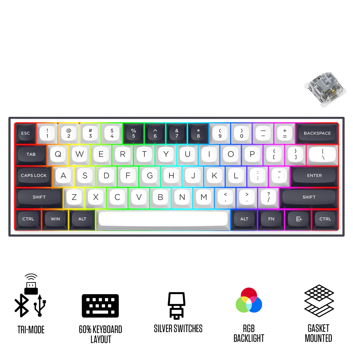 Redragon Alcor White Black 60% Tri-Mode Mechanical Gaming Keyboard Silver Switch QMK/VIA - Redragon ALCOR RD K717 WHITE BLACK 1 Redragon Alcor White Black 60% Tri-Mode Mechanical Gaming Keyboard Silver Switch QMK/VIA - Redragon ALCOR RD K717 WHITE BLACK