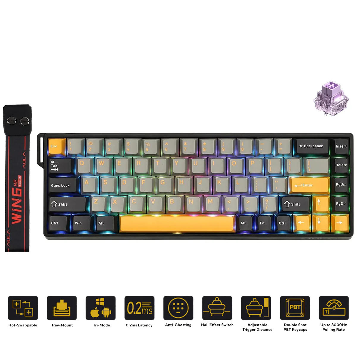 Aula WIN 68 Wired Magnetic Switch Gaming Keyboard 8000Hz Polling Rate Gray Yellow Black – Aula WIN 68 Gray Yellow Black