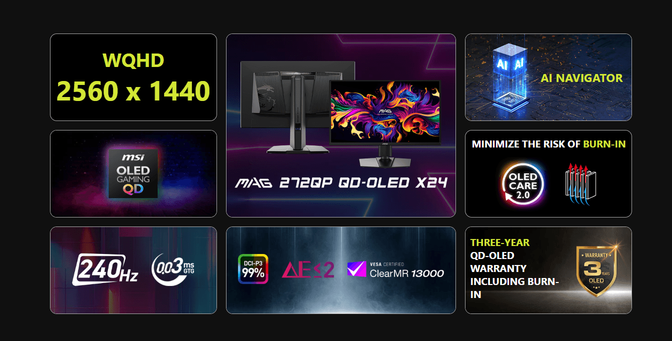 MSI MAG 272QP QD-OLED X24 26.5" WQHD 240Hz 0.03ms QD-OLED Gaming Monitor - MAG 272QP QD-OLED X24