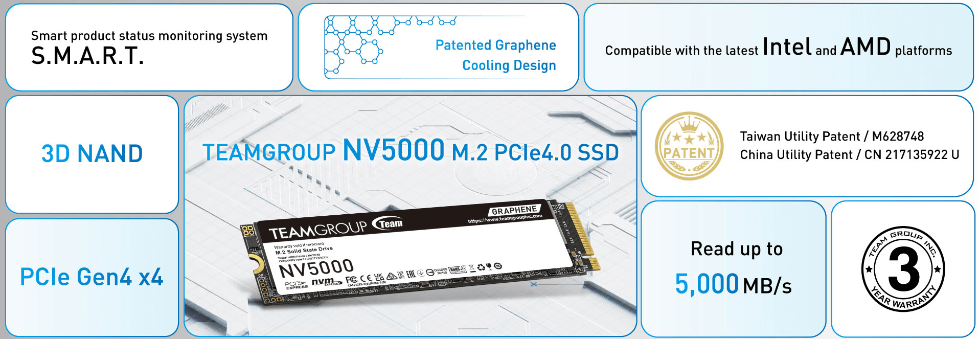 TeamGroup NV5000 1TB PCIe Gen4 x4 NVMe M.2 SSD - 5000MB/s - Graphene Cooling - TM8FGM001T0C101