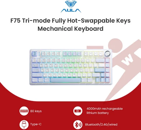 Aula F75 75% Wireless Mechanical Keyboard Tri-Mode RGB Gray Wood V3 Switch Seasalt Blue - Aula F75 Seasalt Blue