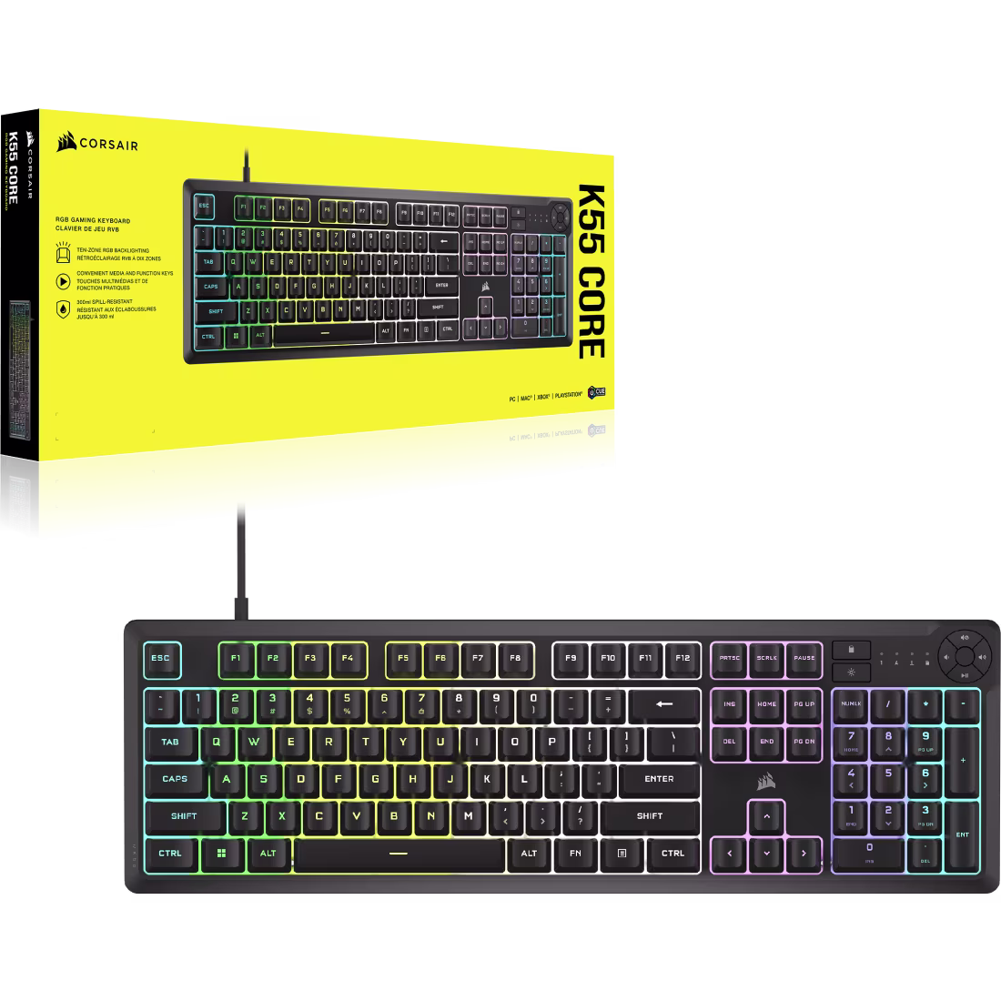 CORSAIR K55 CORE RGB Gaming Keyboard - Ten-Zone RGB - Dedicated Media Keys - Quiet Rubber Dome Switches - CH-9226C65-NA
