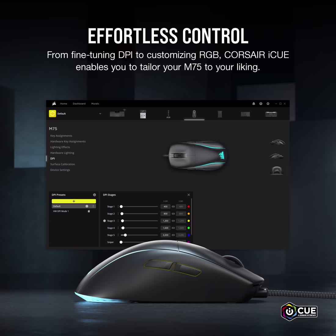 CORSAIR M75 RGB Lightweight Gaming Mouse - 26K DPI Marksman Optical Sensor - 8000Hz Polling - Ambidextrous - Black - CS-CH-930D010-AP