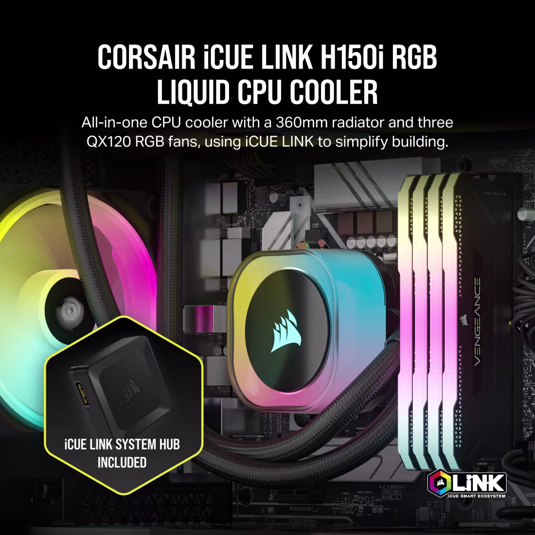 CORSAIR iCUE LINK H150i RGB 360mm AIO Liquid CPU Cooler - QX120 RGB Fans - CW-9061003-WW