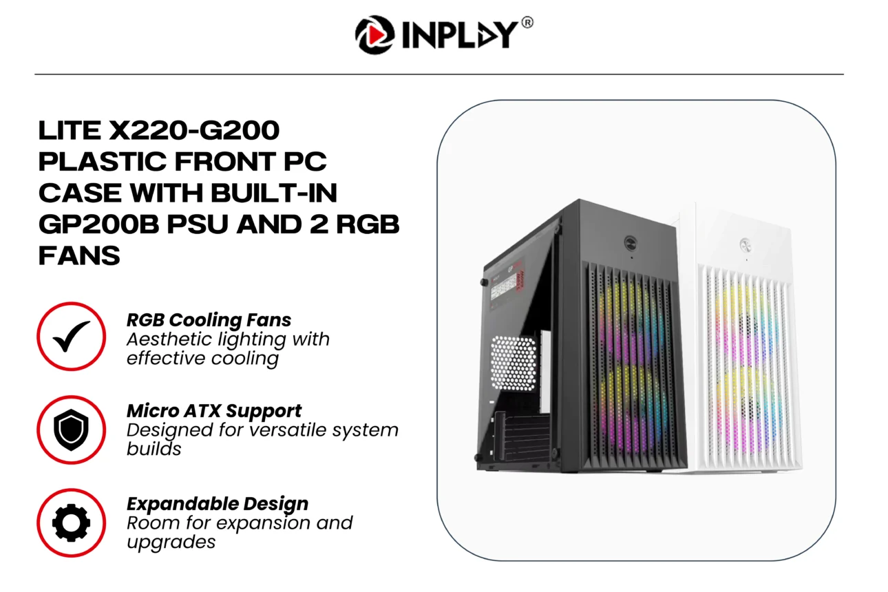 Inplay Lite X220-G200 Micro ATX PC Case with Built-in GP200B PSU and 2 RGB Fans - Black | White