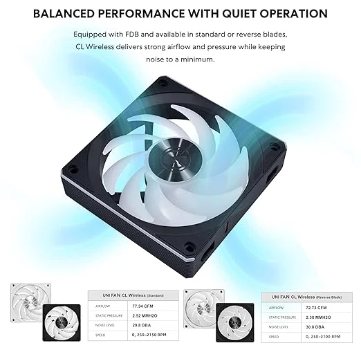 Lian Li UNI FAN CL Wireless Reverse 120 ARGB PWM 2150RPM FDB 120mm Case Fan Black Single Pack - G99.12RCL1W1B.00