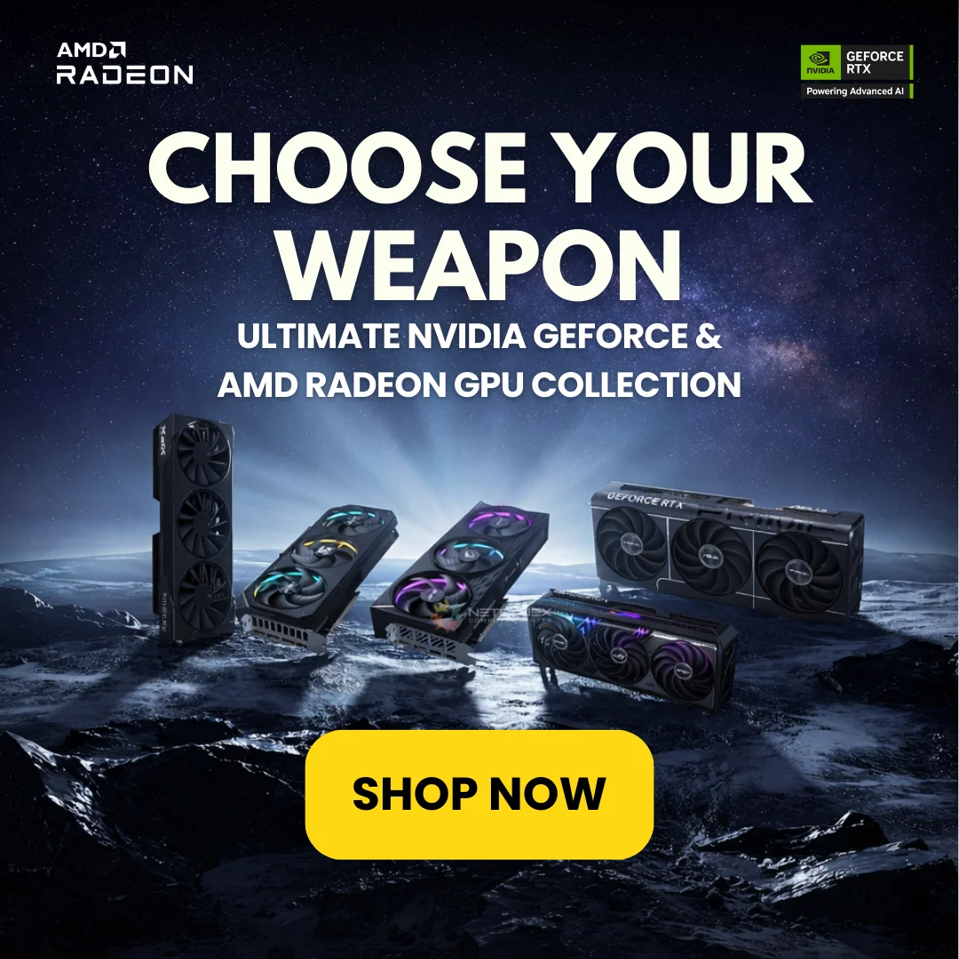 NVIDIA GeForce RTX and AMD Radeon graphics cards for gaming PCs displayed under a starry sky