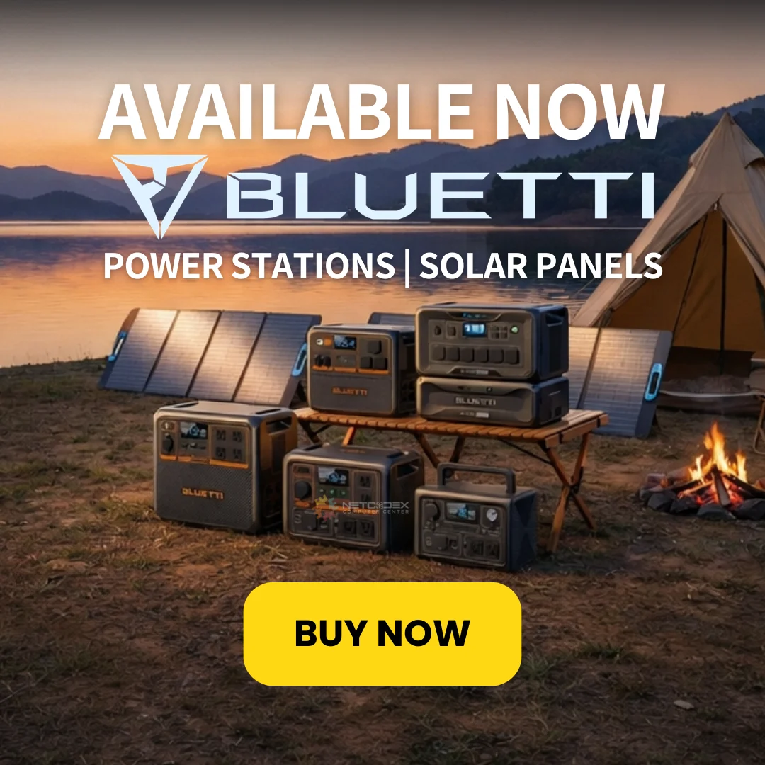Portable Bluetti power stations with solar panels powering a lakeside camping setup at sunset