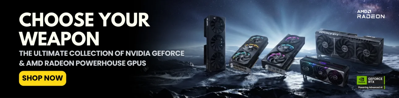 Netcodex Horizontal banner featuring a lineup of high-performance NVIDIA GeForce and AMD Radeon graphics cards, including ASUS Prime, ROG Strix, and XFX Swift models, set against a cinematic dark space planetary background with blue solar rays and a 'Buy Now' call to action.